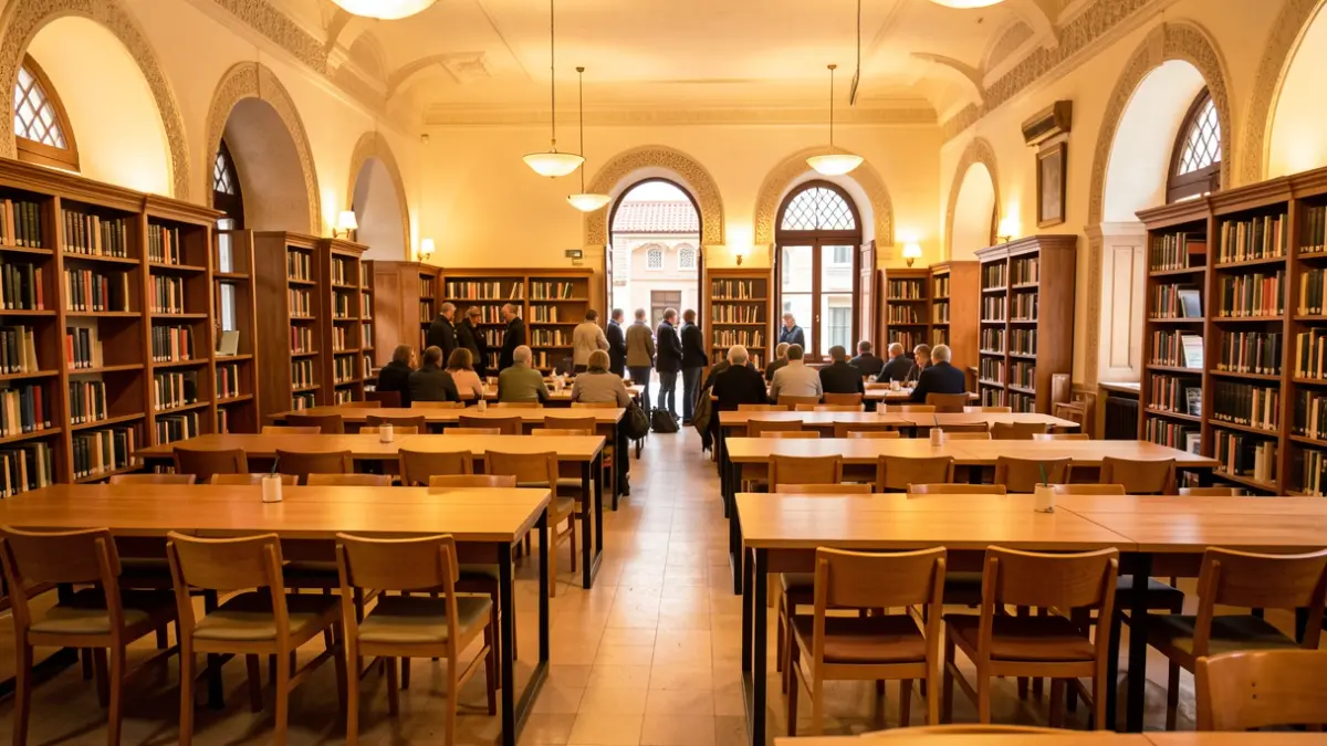 Generic image of a library study hall with tables and chairs.