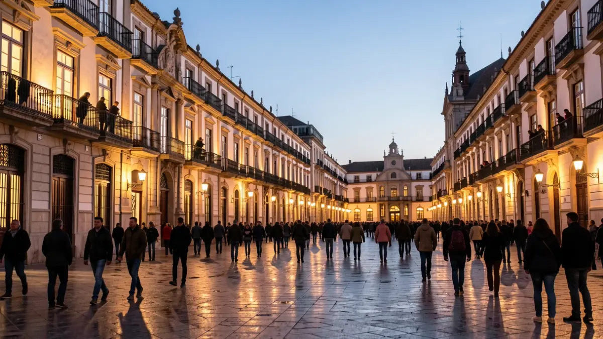 Plaza de San Francisco en Sevilla al anochecer con balcones iluminados.