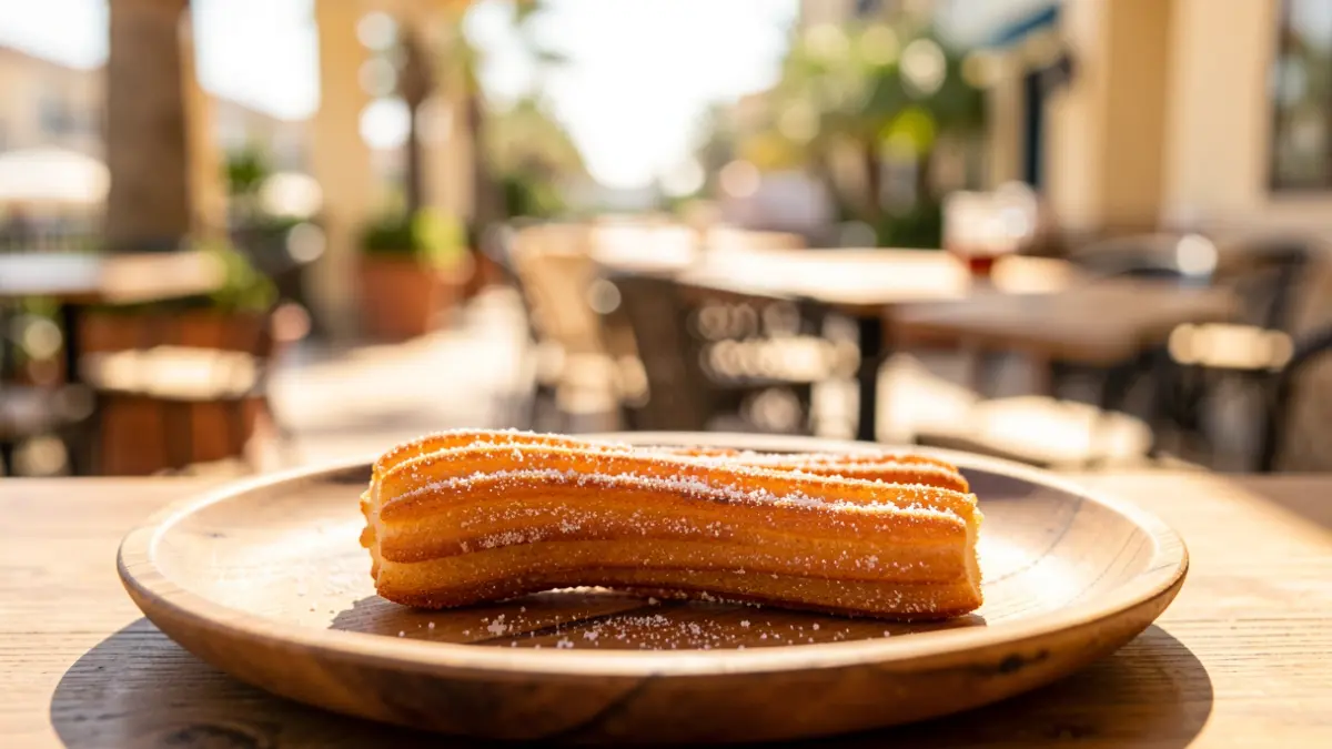 Primer plano de un churro recién hecho con azúcar, en una terraza soleada de Marbella.