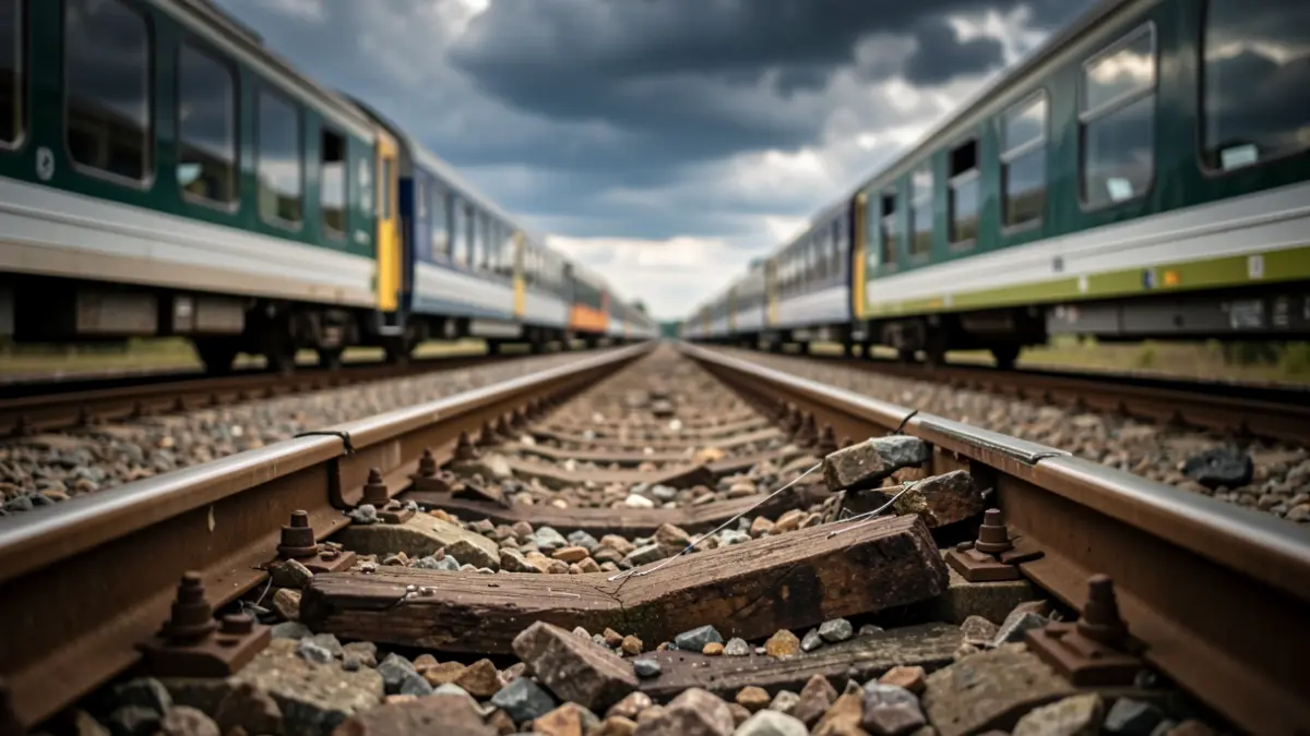 Image of a broken railway track with blurred train carriages in the background, symbolizing a railway accident.