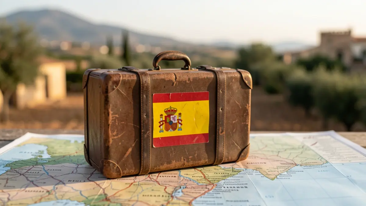 Maleta antigua con pegatinas de Argentina y España sobre un mapa, con paisaje andaluz desenfocado al fondo.
