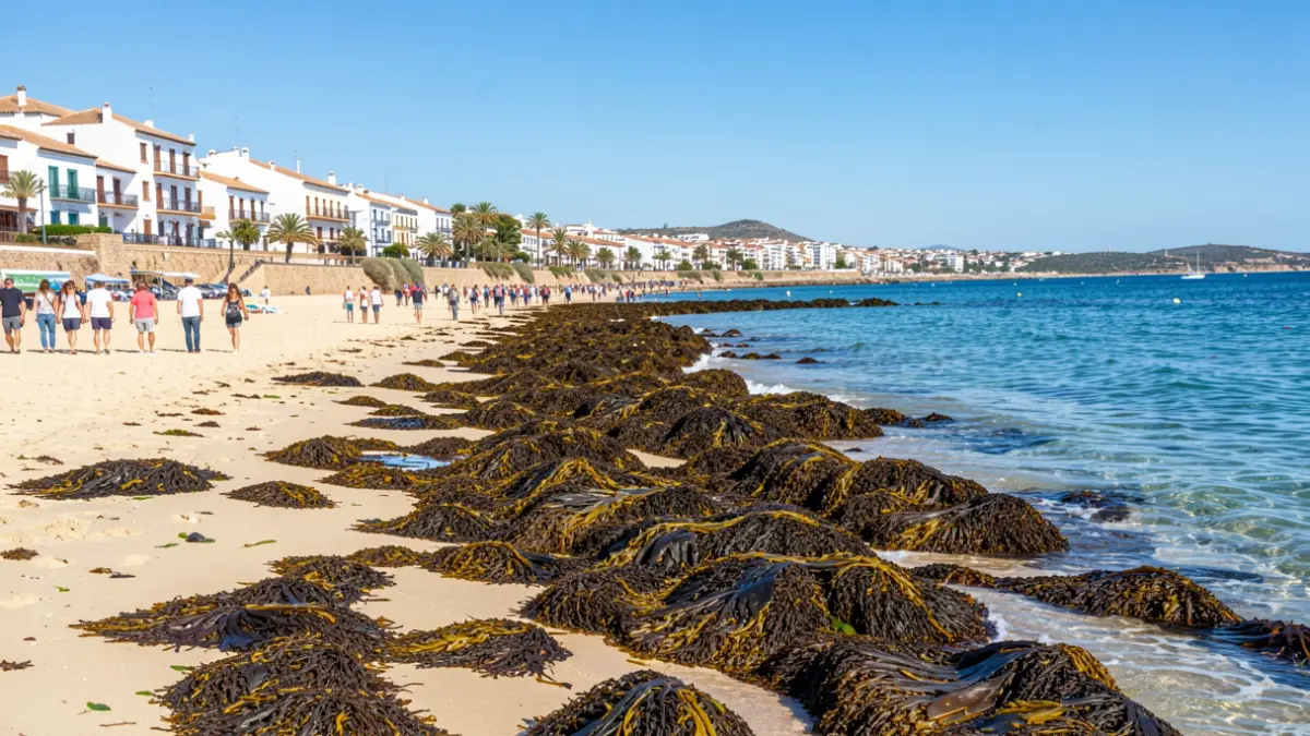 Image of Costa del Sol beaches with a large amount of seaweed accumulated on the shore.
