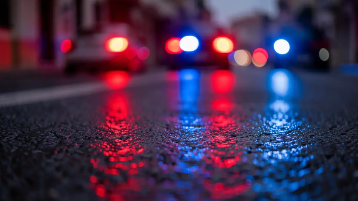 Generic image of blurred emergency lights on wet asphalt, representing rising crime.