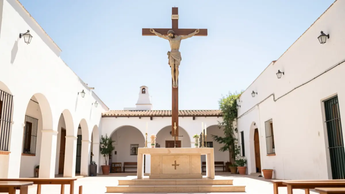Image of a large cross suspended over an altar, inspired by the artisanal work of the Sisters of Bethlehem.
