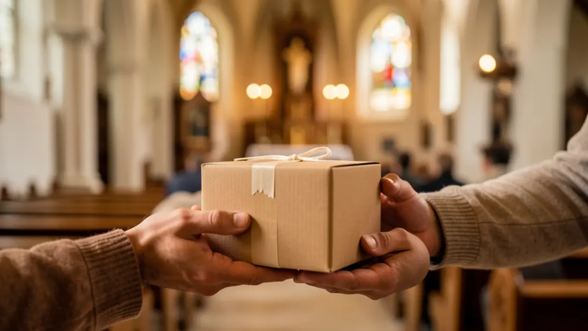 Hands depositing a donation into a collection box inside a church.