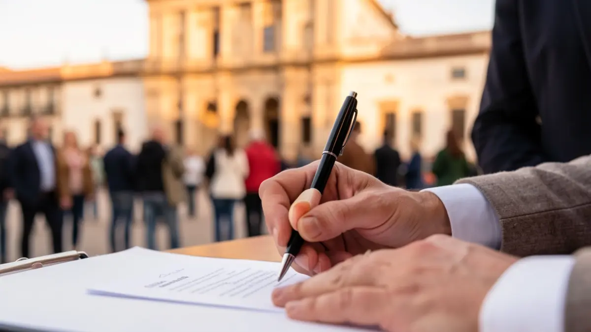 Generic image of a hand signing a document in an official building.