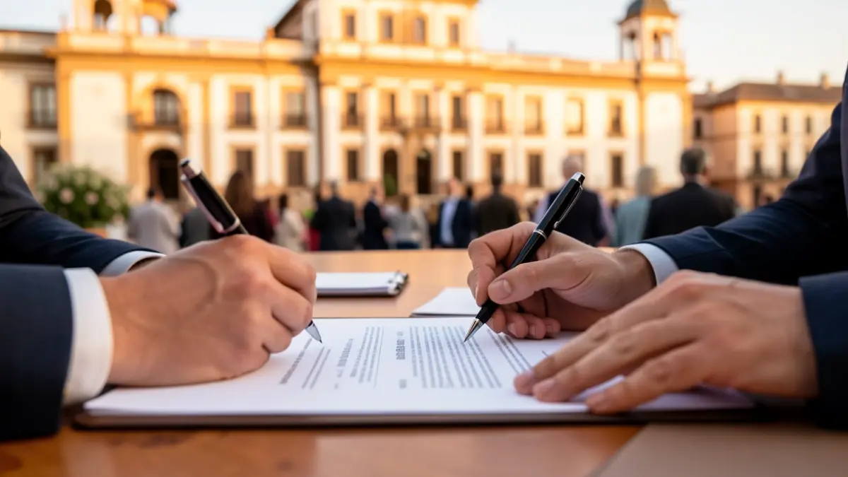 Imagen genérica de manos firmando un documento en un edificio público andaluz.