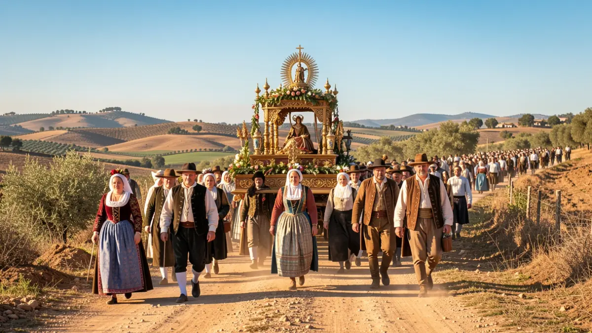 Generic image of a traditional Andalusian pilgrimage with devotees and a decorated float.