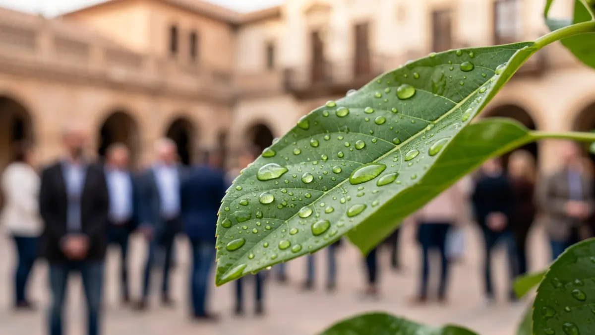 Primer plano de una hoja verde con gotas de rocío, simbolizando la reducción de la huella de carbono.