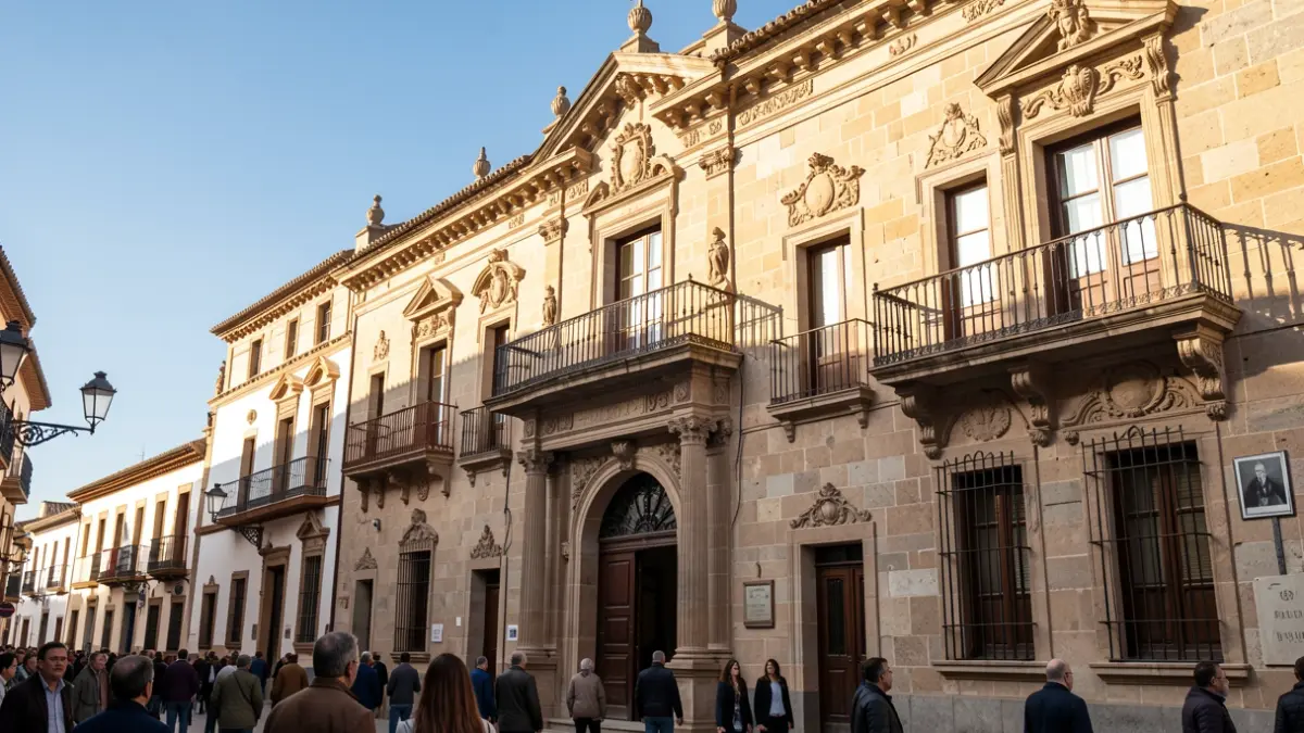Fachada de un edificio institucional en la provincia de Huelva durante una jornada de trabajo.