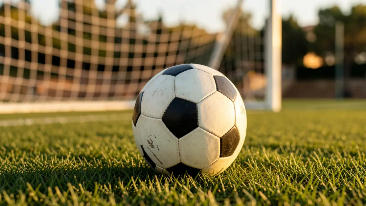 Imagen genérica de un balón de fútbol sobre césped con la portería desenfocada.