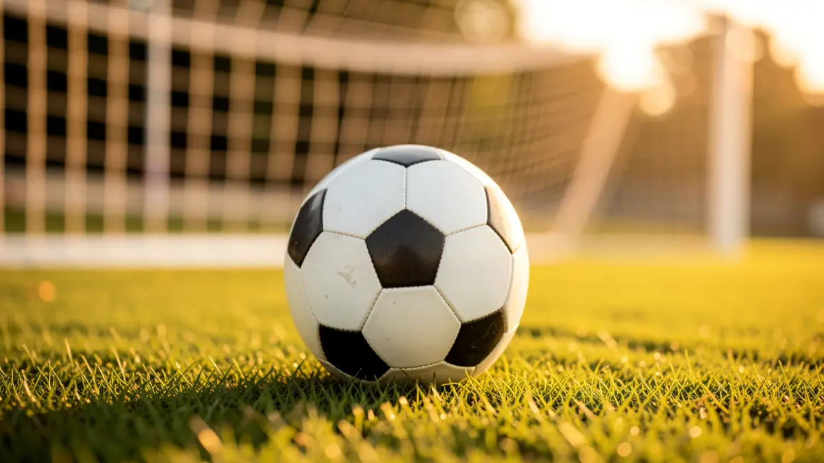 Generic image of a soccer ball on grass with the goal blurred in the background.