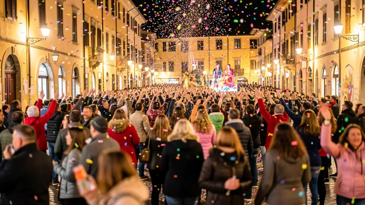 Generic image of a crowd celebrating Carnival with confetti and lights.