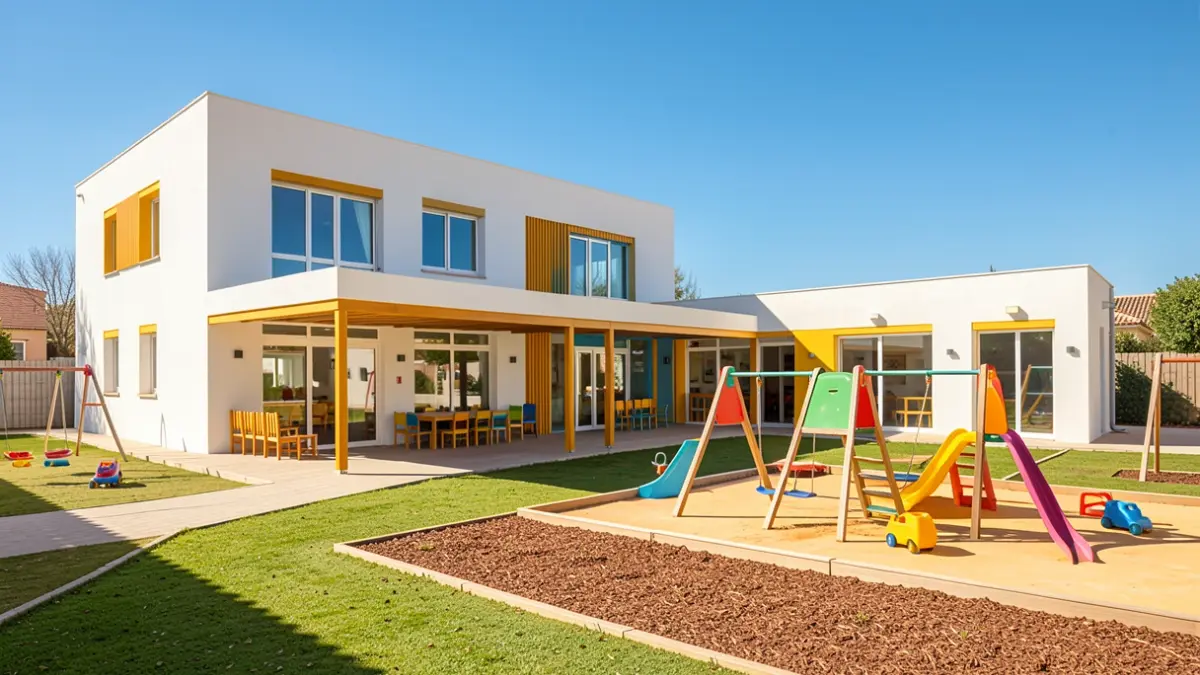 Generic image of the exterior of an expanded and renovated kindergarten in Andalusia.