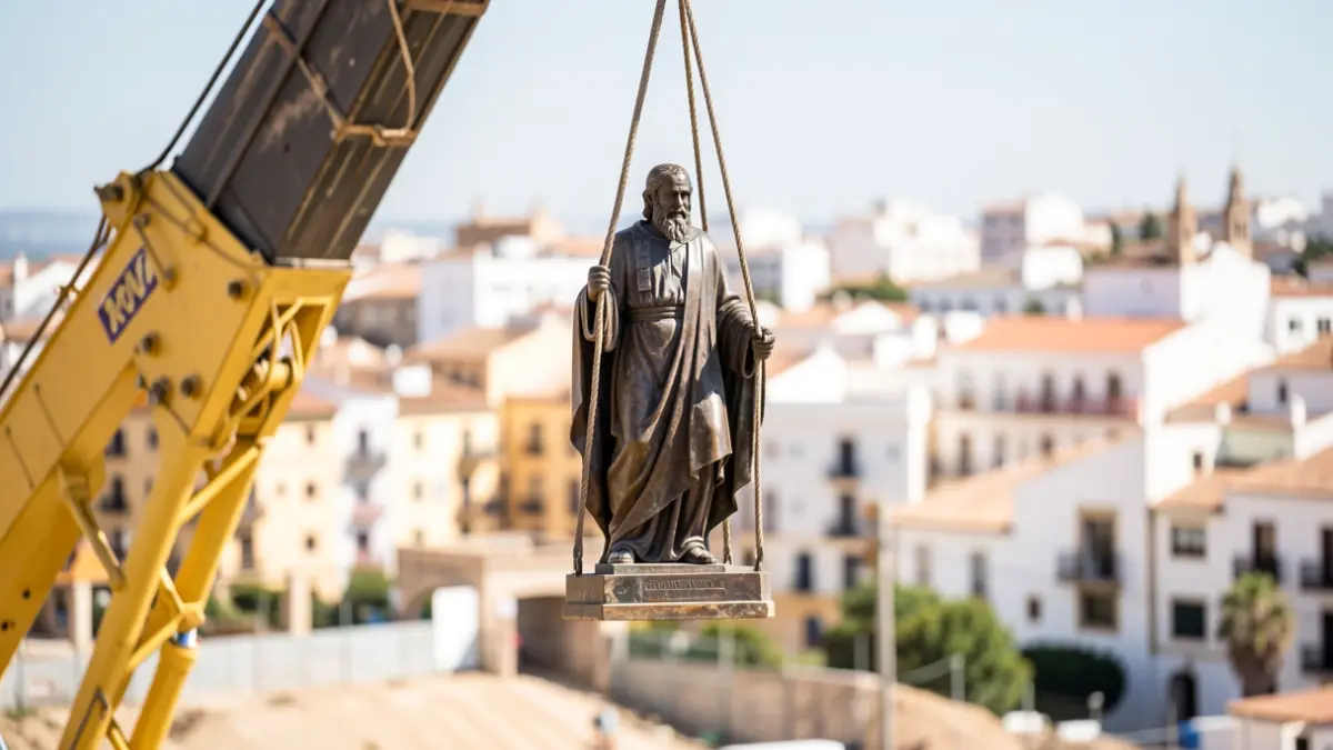 Grúa de gran tonelaje reposicionando la estatua del Padre Arnaiz en Armengual de la Mota, Málaga.