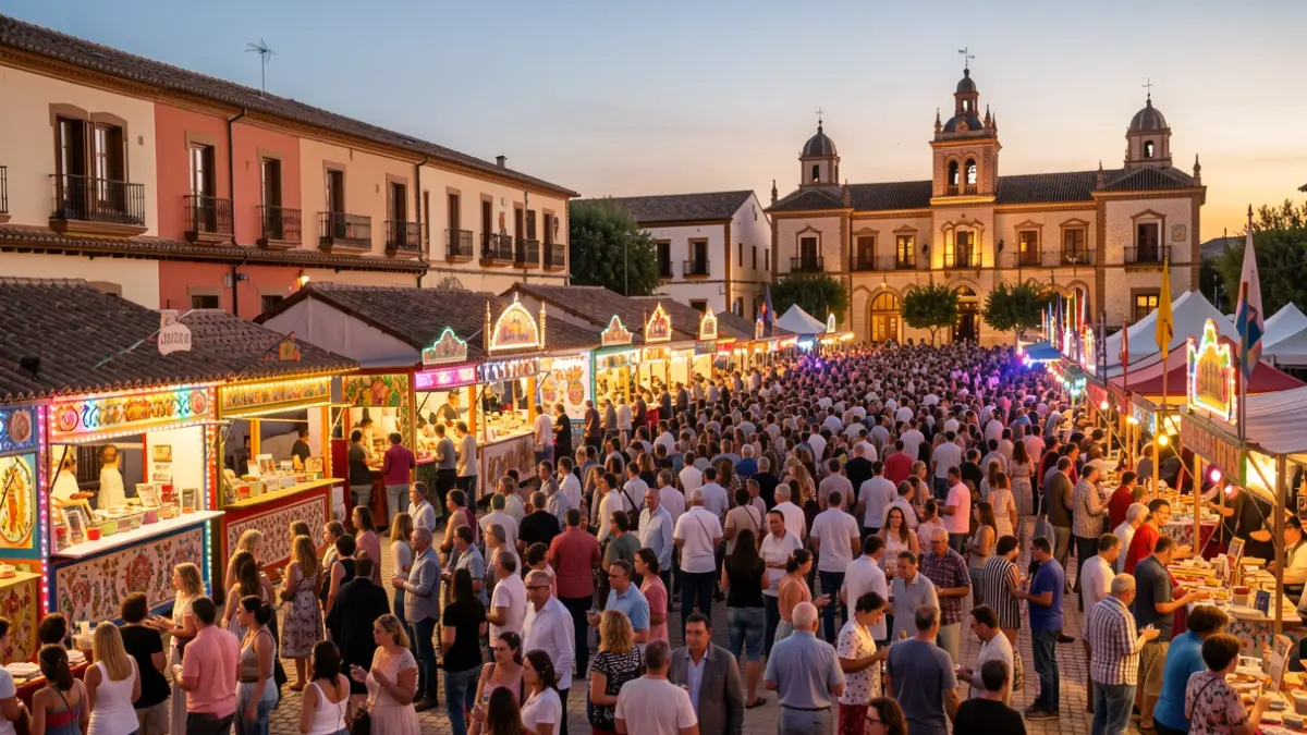 Image of the Feria de Córdoba with illuminated booths and people enjoying.