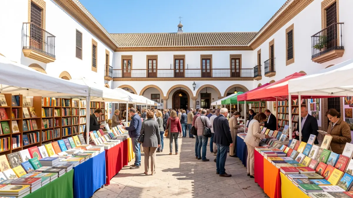 Image of the Cádiz Book Fair at the Baluarte de la Candelaria, featuring book stalls and Andalusian architecture.