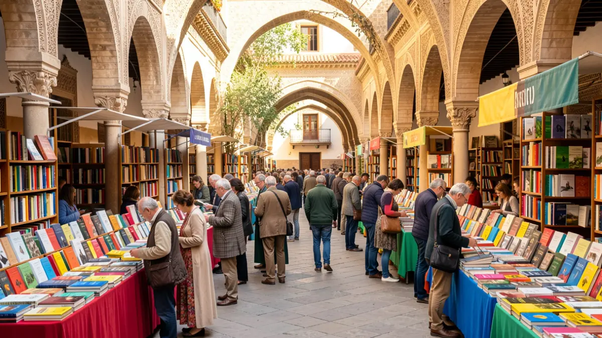 Generic image of a book fair in a historic Andalusian courtyard.