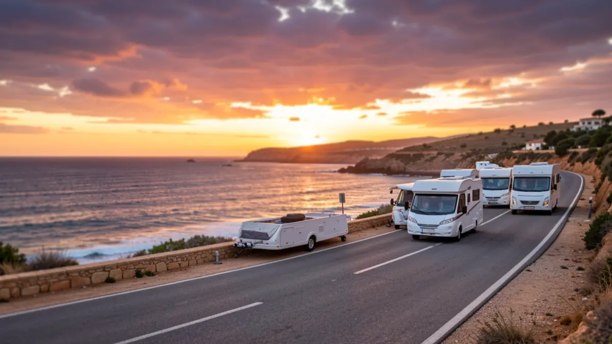 Image of several campervans parked at a coastal viewpoint in Andalusia at sunset.