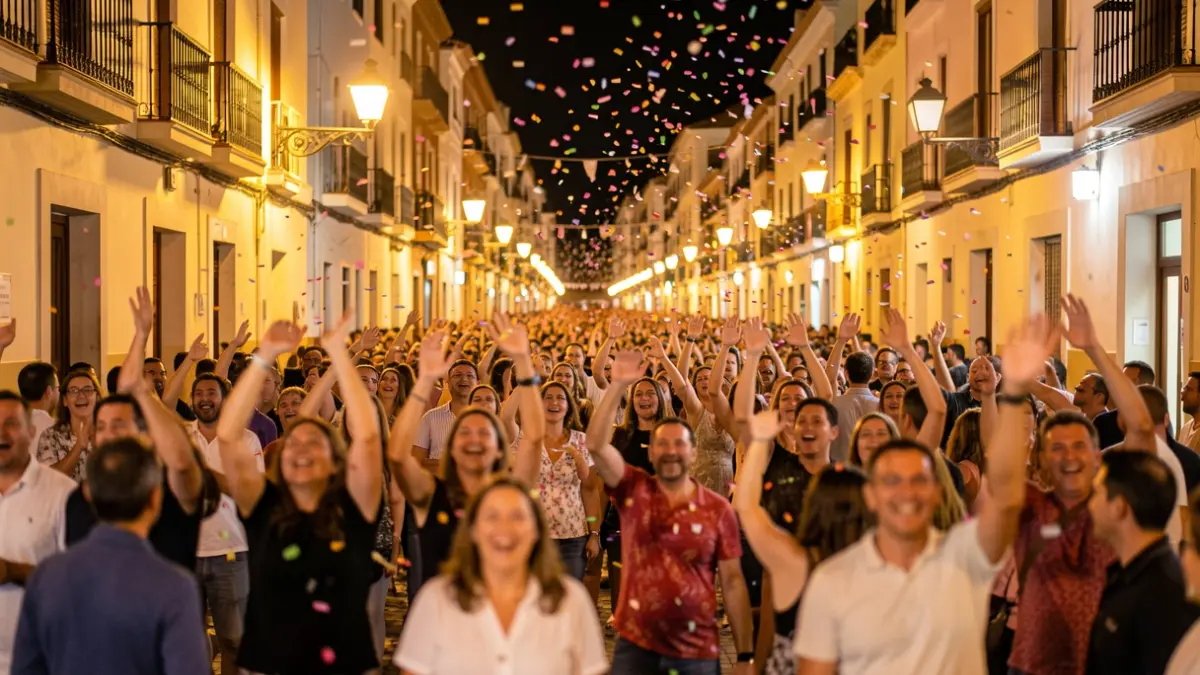 Imagen genérica de una celebración callejera en Andalucía por la noche con confeti y gente animando.