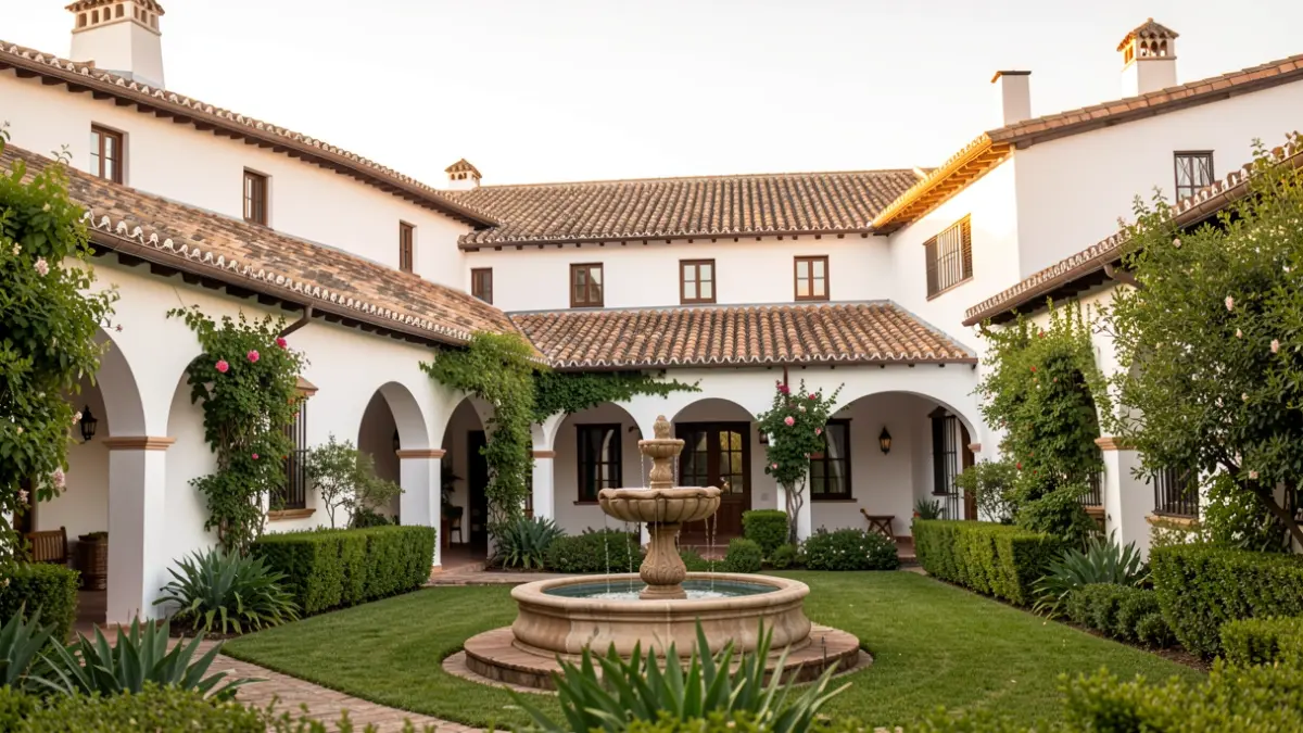 Generic image of a luxurious Andalusian estate with courtyards and gardens.