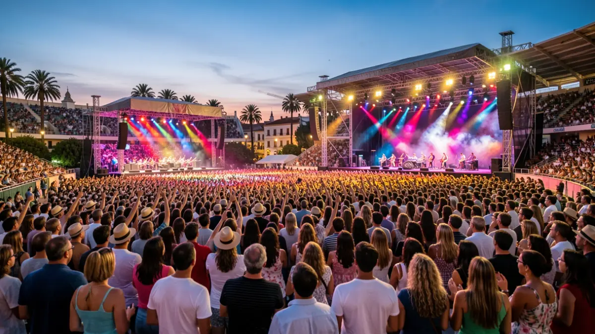 Generic image of an outdoor music stadium during a night concert with colorful lights.