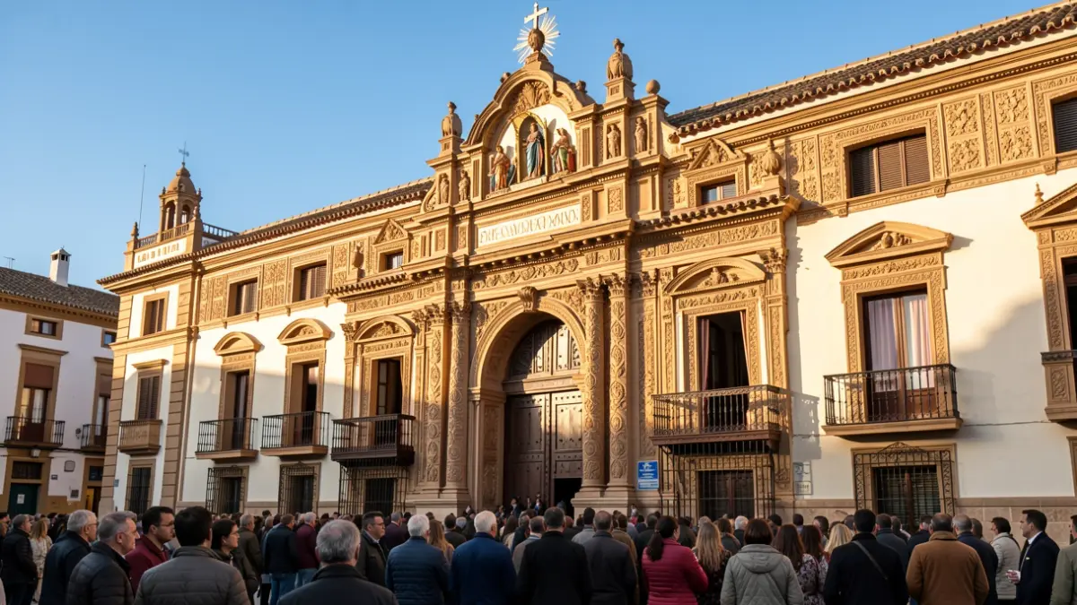 Fachada de una hermandad tradicional andaluza con detalles ornamentados e iconografía religiosa.