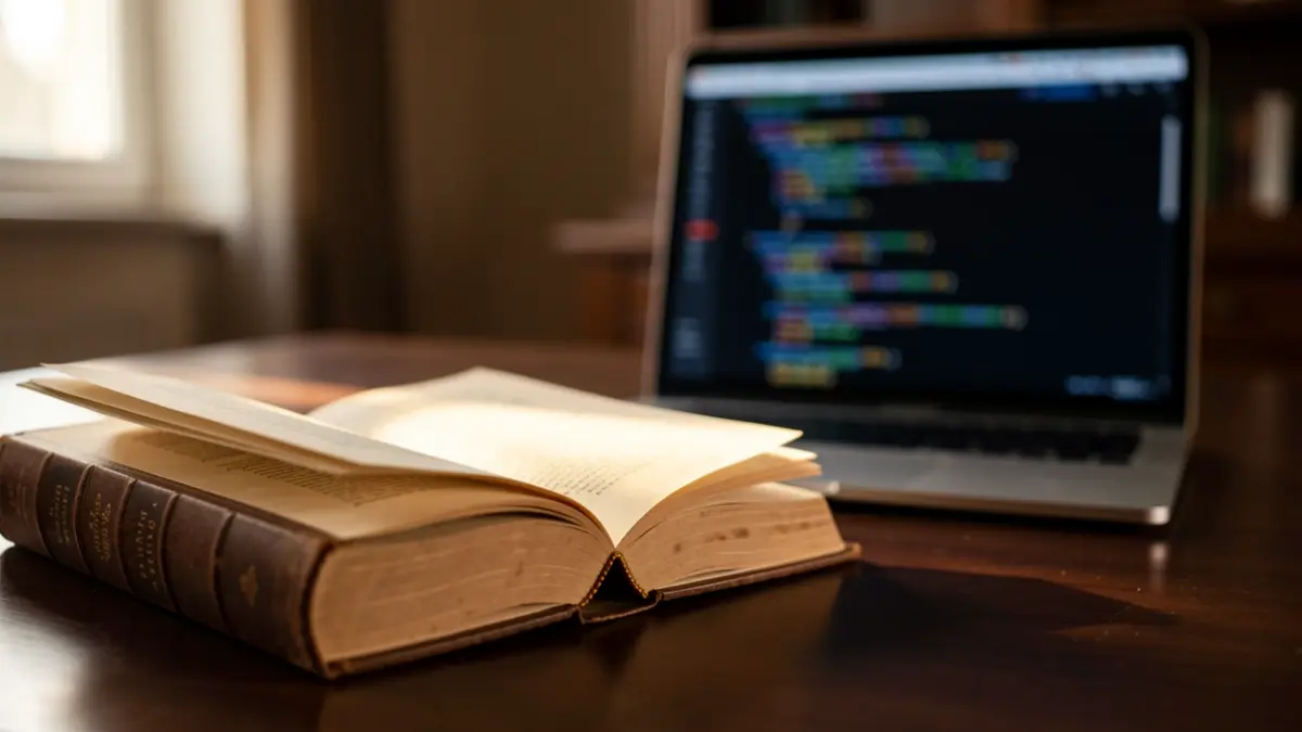 Close-up of an old law book on a wooden desk, with a laptop screen displaying abstract code in the background, symbolizing the contrast between legal tradition and artificial intelligence.