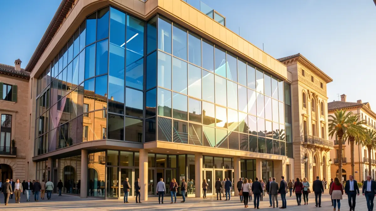 Fachada de una escuela de negocios moderna con elementos arquitectónicos andaluces y reflejos de tecnología.