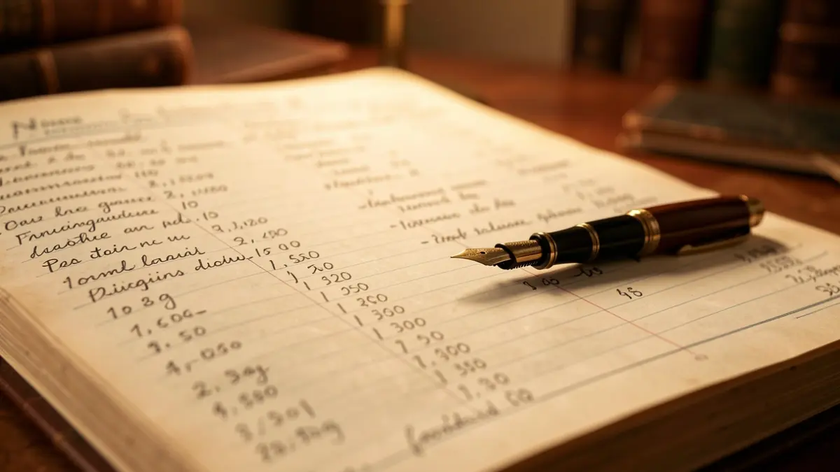 Imagen de un libro de contabilidad antiguo con anotaciones financieras y una pluma.