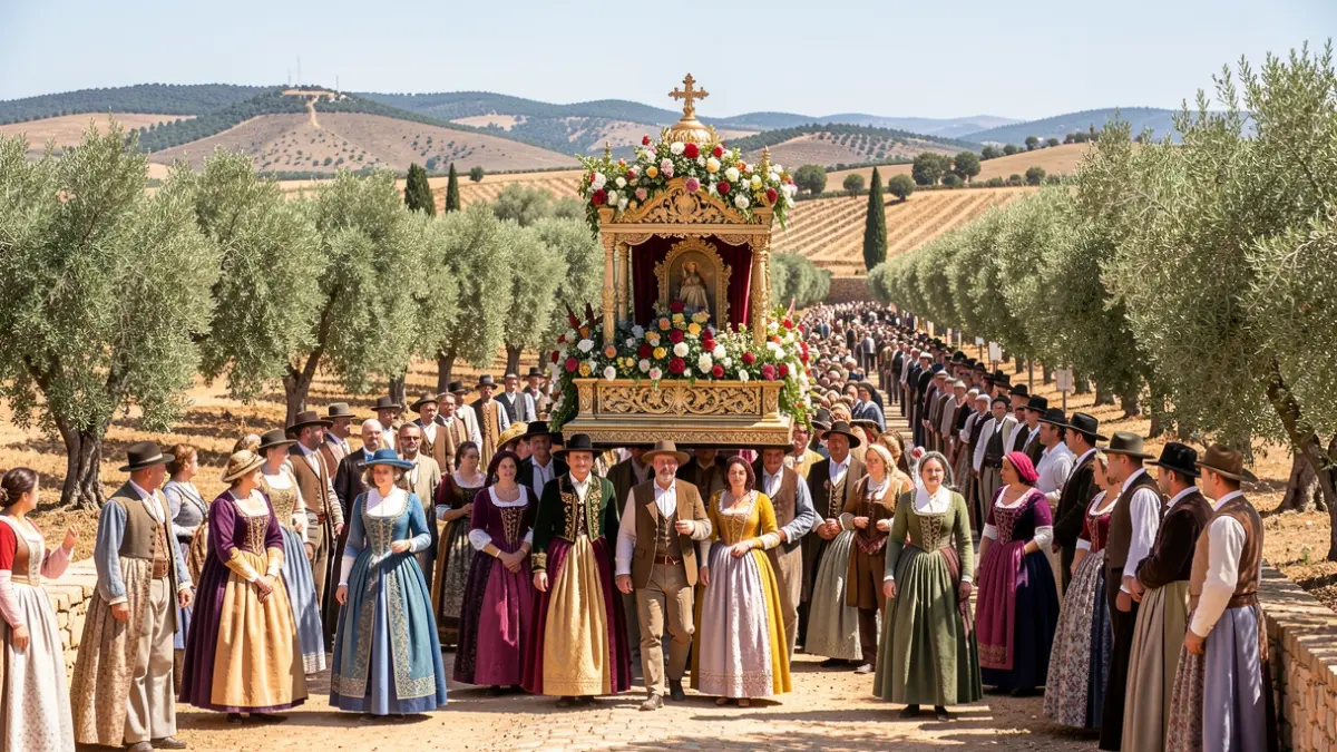 Generic image of a traditional Andalusian romería with devotees and a floral float in a rural setting.
