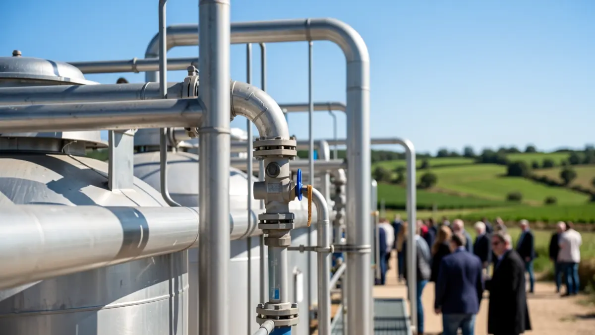 Image of a biogas plant with industrial pipes and a blurred Andalusian landscape.