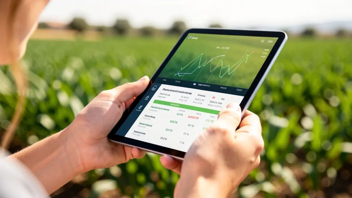 Manos de una joven agricultora sujetando una tablet con datos agrarios, con campos verdes y sol andaluz al fondo.