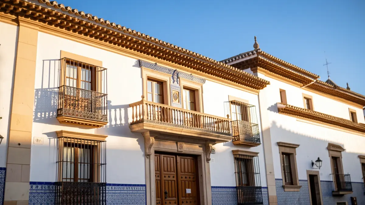 Fachada de un ayuntamiento andaluz tradicional con azulejos y balcón.