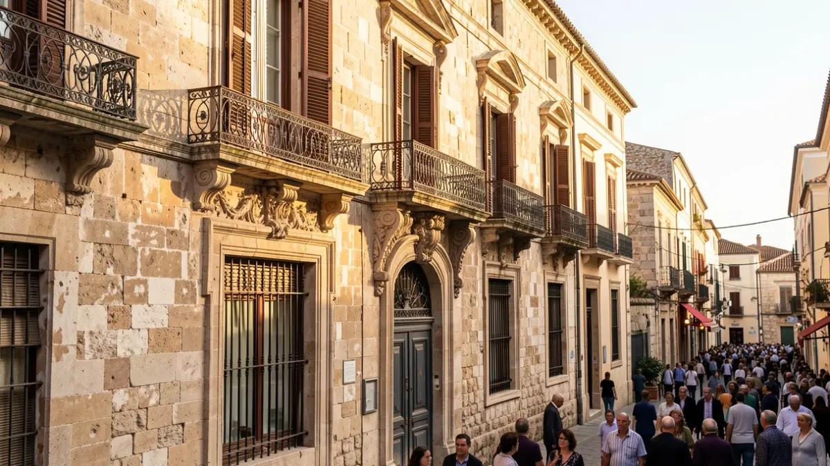 Fachada de un edificio antiguo con balcones de hierro en una ciudad mediterránea.