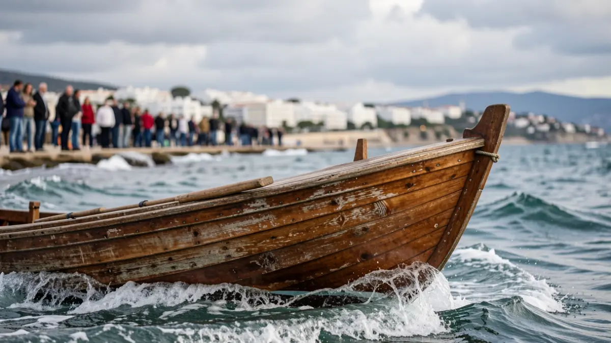 Close-up of a traditional jabega rowing boat on choppy Mediterranean waters, with a blurred coastline and white buildings in the background.