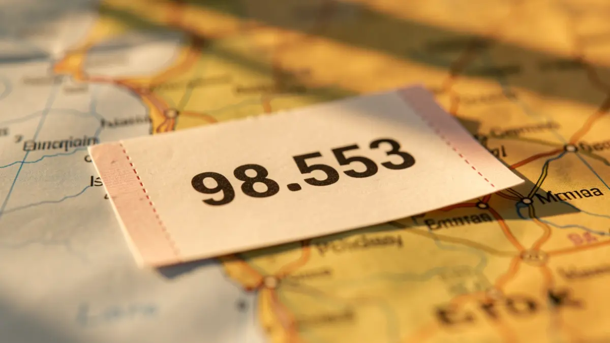 Close-up of a lottery ticket with the number 98.553 visible on a map of Andalusia.