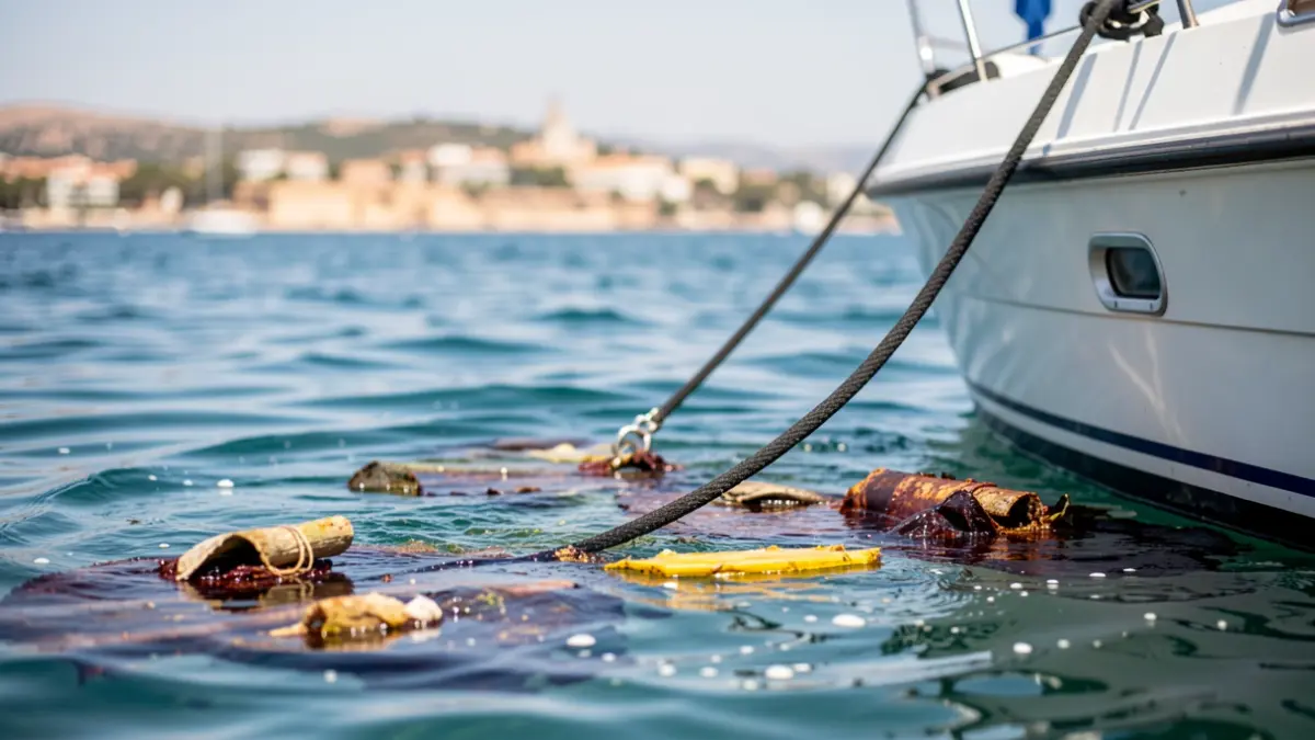 Specialized boat cleaning floating debris in the Mediterranean Sea, with the Andalusian coast in the background.