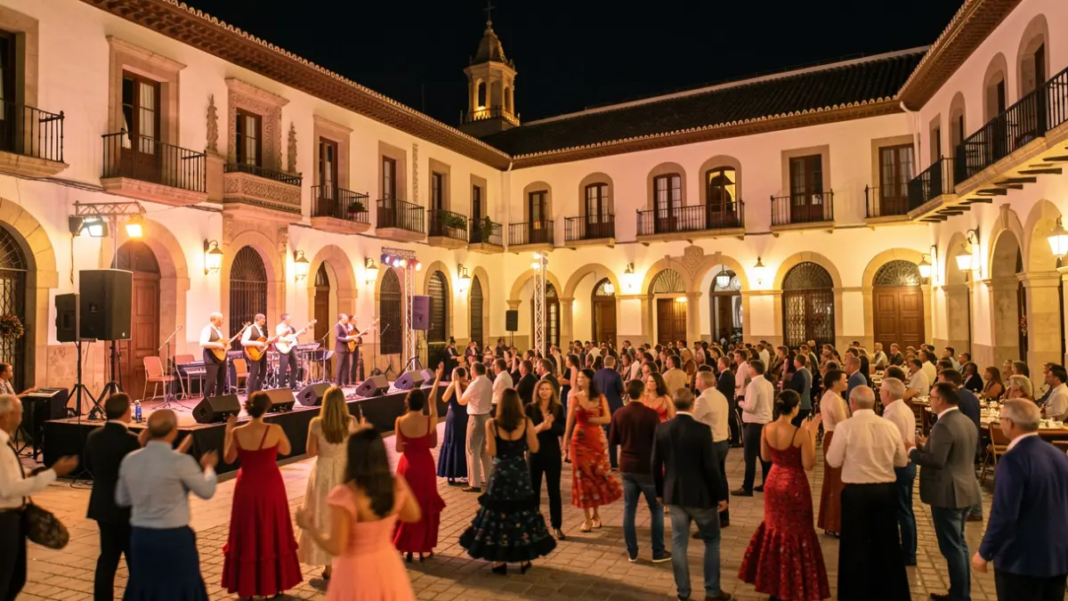 Imagen genérica de la Noche Blanca del Flamenco en una plaza histórica de Andalucía, con escenarios y público disfrutando de la música.