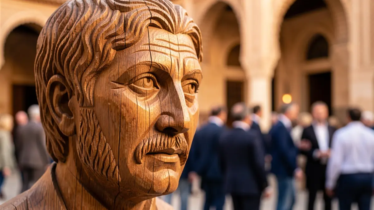 Close-up of a carved wooden face with expressive eyes, showing carving details and blurred Andalusian architectural elements in the background.