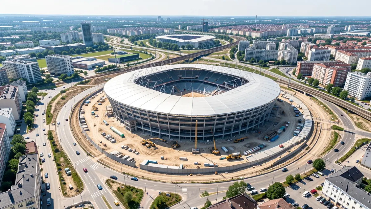 Vista aérea de un estadio moderno en construcción en un área urbana en desarrollo.