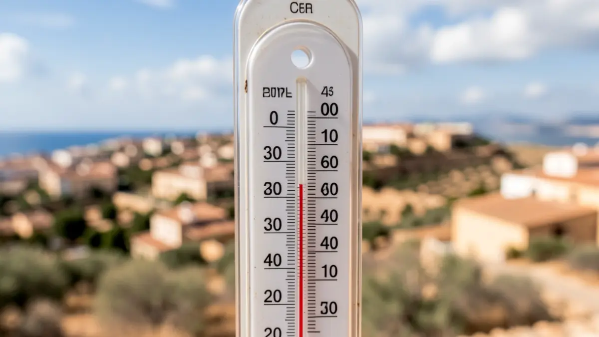 Termómetro mostrando altas temperaturas con la costa de Málaga al fondo.