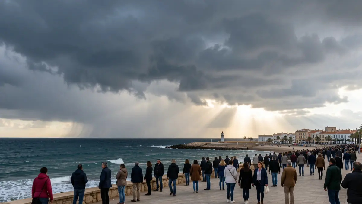 Cielo amenazante sobre la costa de Cádiz, con nubes oscuras y un rayo de sol intenso.
