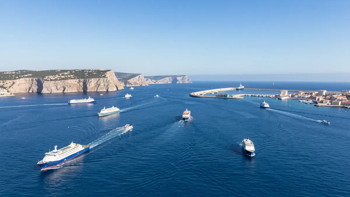 Vista aérea del Estrecho de Gibraltar con ferris cruzando, mostrando los puertos de Algeciras y Tarifa al fondo bajo un cielo azul claro.