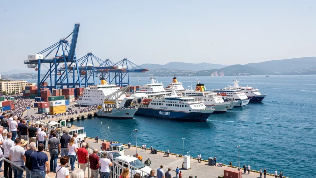 Generic image of a port with ferries and loading activity.