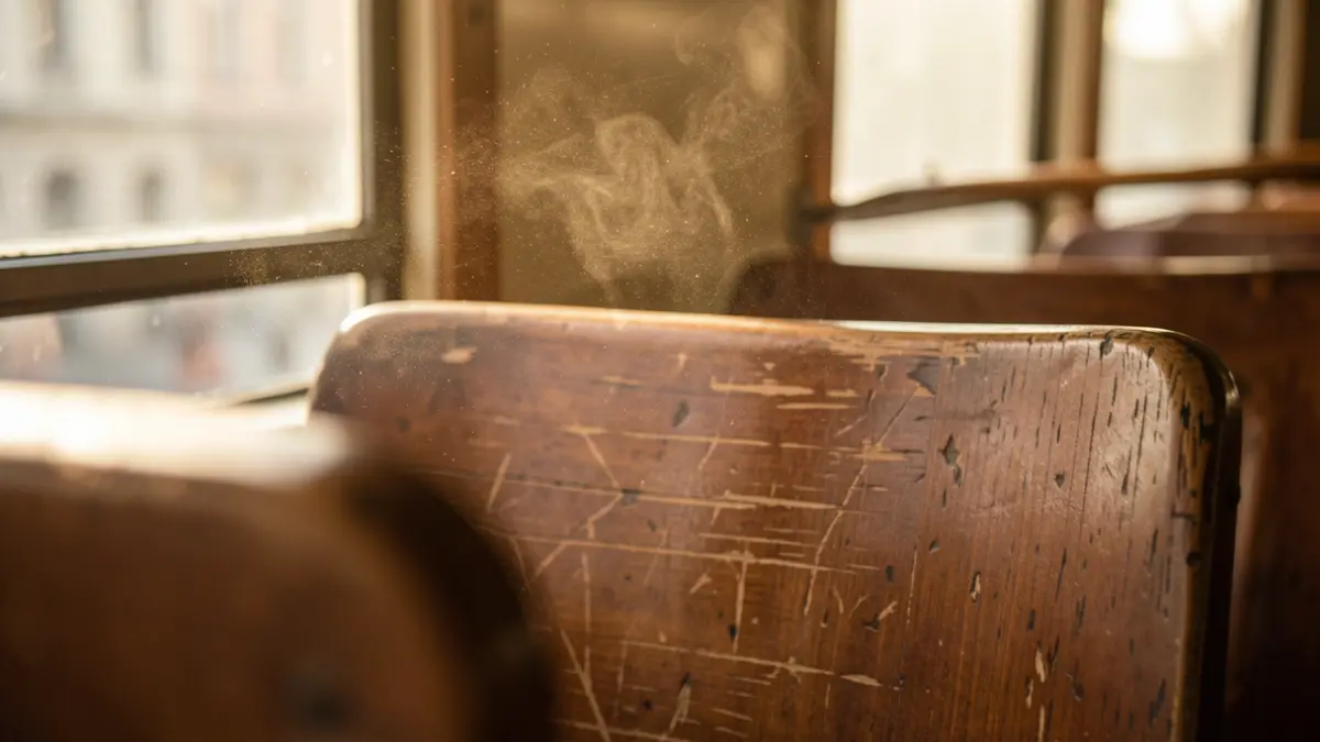 Imagen de asientos de madera de un autobús antiguo con una atmósfera nostálgica.