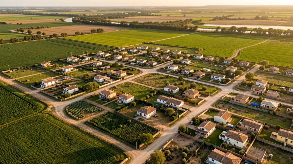 Vista aérea de una zona residencial en la Vega del Guadalquivir, Córdoba.