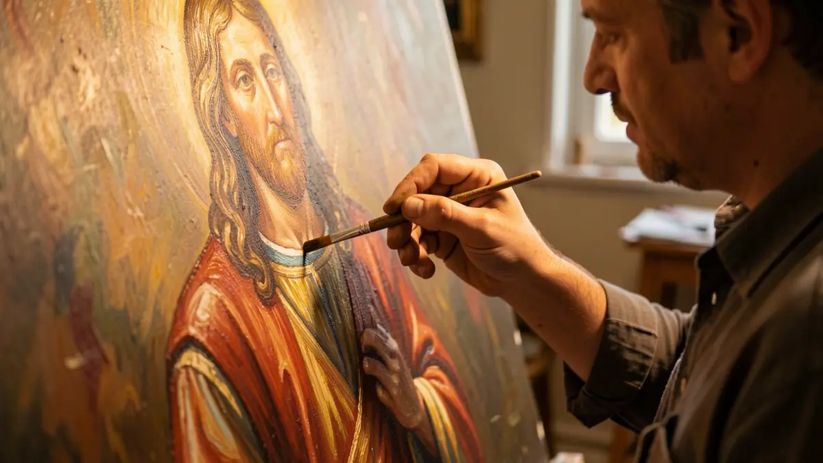 Close-up of a painter's hands working on a portrait of Pope Leo XIV, showing details of the artwork and the studio.