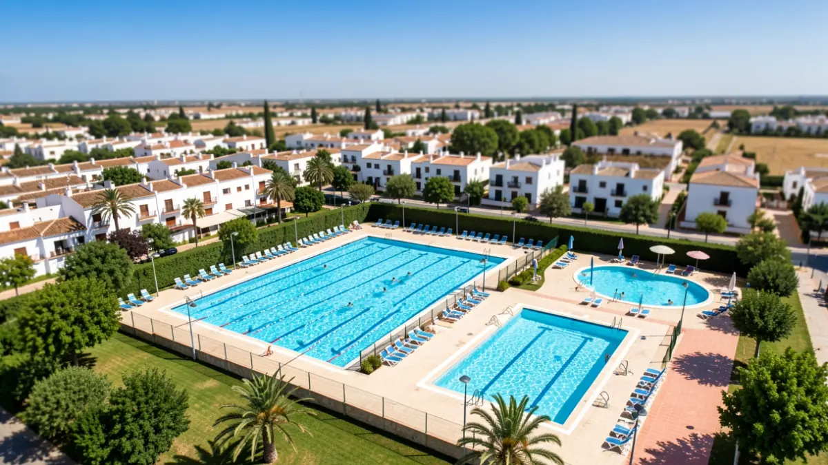 Vista aérea de una piscina municipal en Andalucía con zonas verdes y edificios blancos.