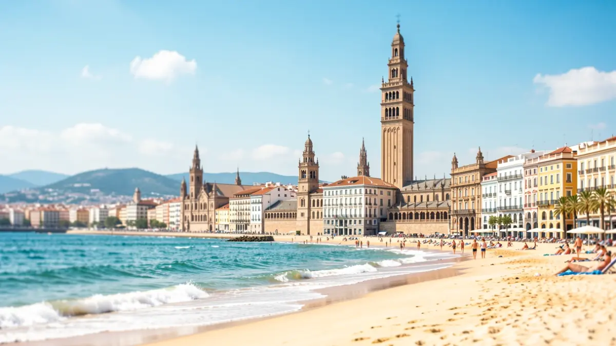 Imagen conceptual de una playa ficticia en Sevilla con la Giralda como faro.